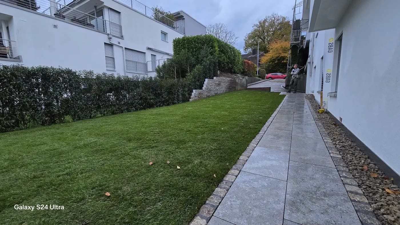 Plattenweg mit Kiesstreifen entlang einer frisch verlegten Rasenfläche in Freienbach – Soni Gartenbau